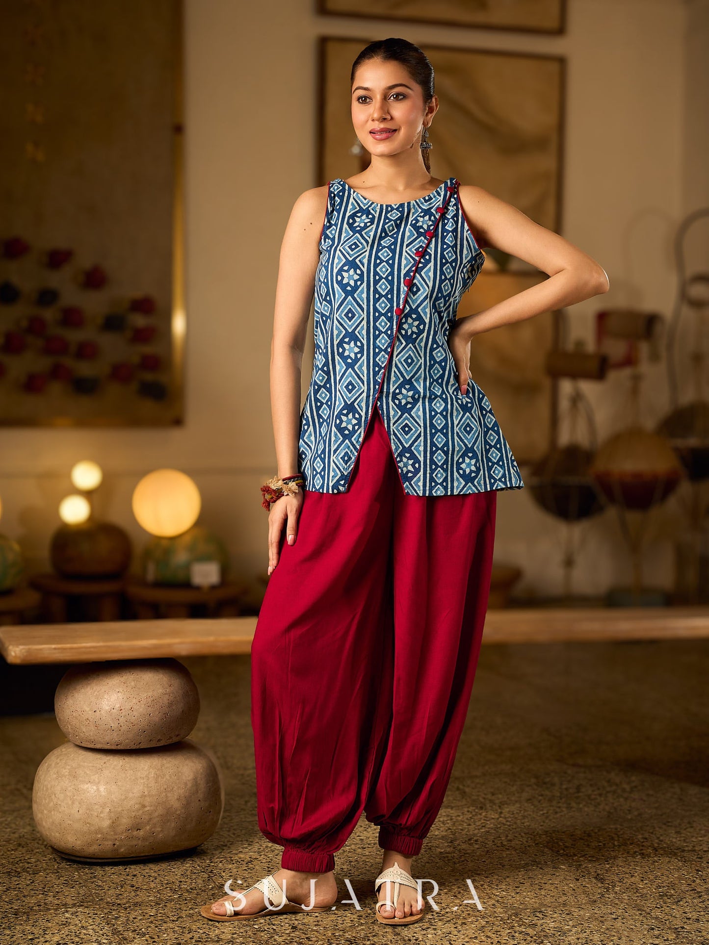 Elegant Indigo Geometric Cotton Top With An Asymmetrical Overlap Front and Maroon Highlights