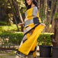 Modern Geometric Pure Silk Block Printed Saree Crafted in Striking Mustard and Classic Ivory Tones