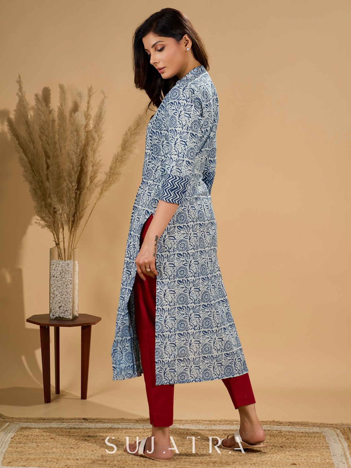 Inky Indigo Kurta with Geometric Collar & Cuffs