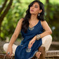 Effortless Navy Blue Rayon Sleeveless Kurta with Subtle Floral Hand Block Design