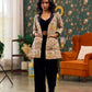 Madhubani Printed Jacket Elegantly Highlighted With Black Silk Collar, Cuffs, And Pockets