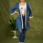 Boho Chic Indigo Blue Shrug With Vibrant Print & Whimsical Laces