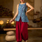 Elegant Indigo Geometric Cotton Top With An Asymmetrical Overlap Front and Maroon Highlights