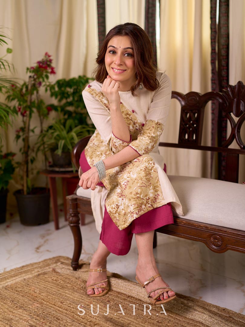 Refined Off White Cotton Straight Kurta with Floral Printed Panel and Button Embellishment