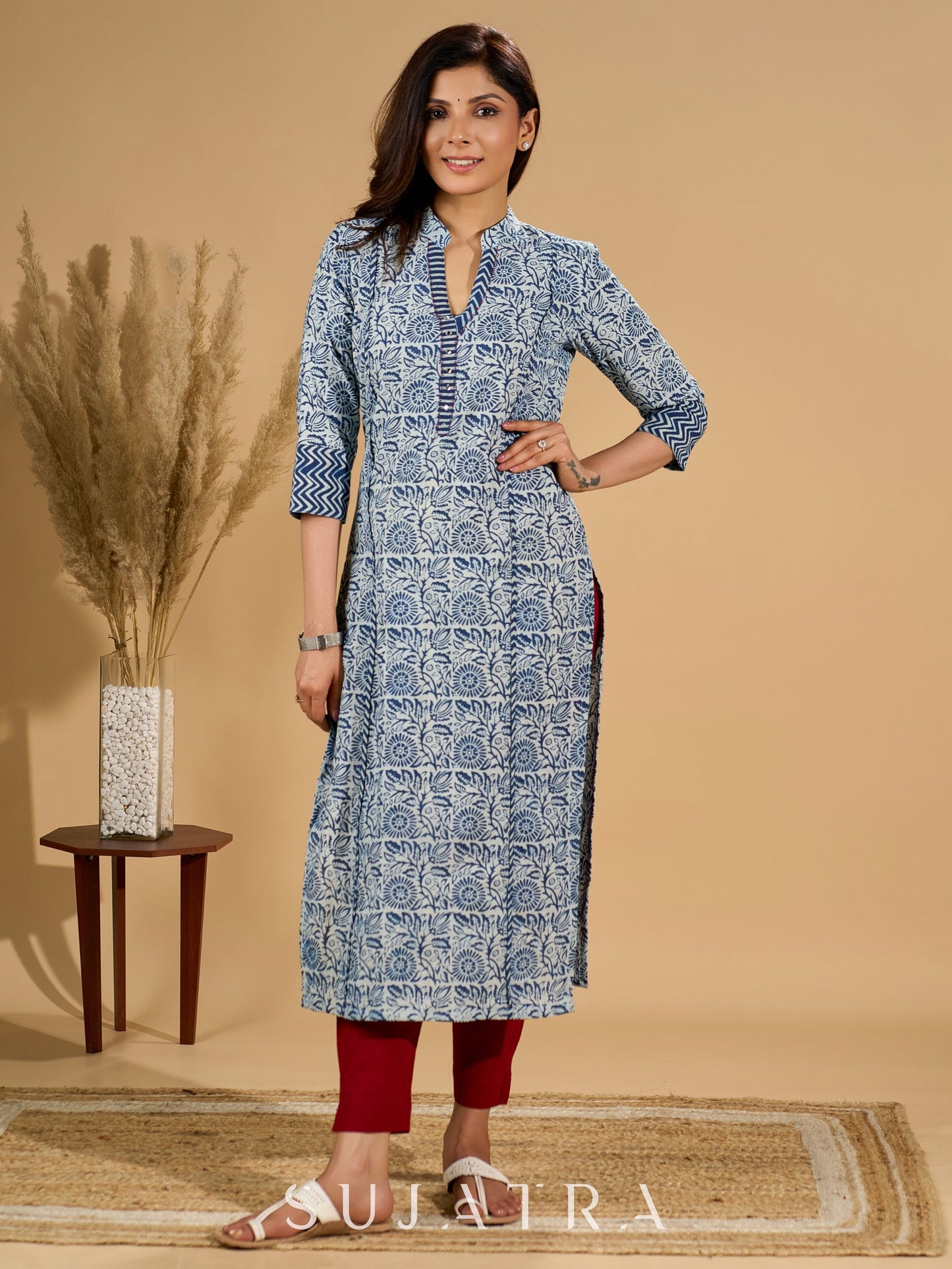 Inky Indigo Kurta with Geometric Collar & Cuffs