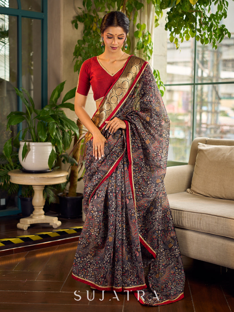Flourishing Dark Grey All-Over Kalamkari Floral Chanderi Saree with Gold Woven Zari Border & Maroon Hem Accent