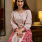 Retro White & Red Hand Block Printed Cotton Dress with Mixed Stripe & Dot Panels & Flounce Hem