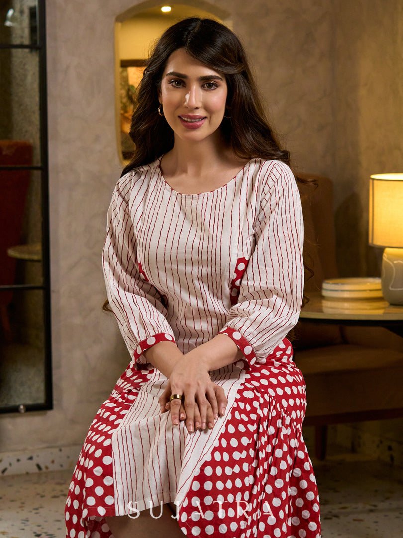 Retro White & Red Hand Block Printed Cotton Dress with Mixed Stripe & Dot Panels & Flounce Hem