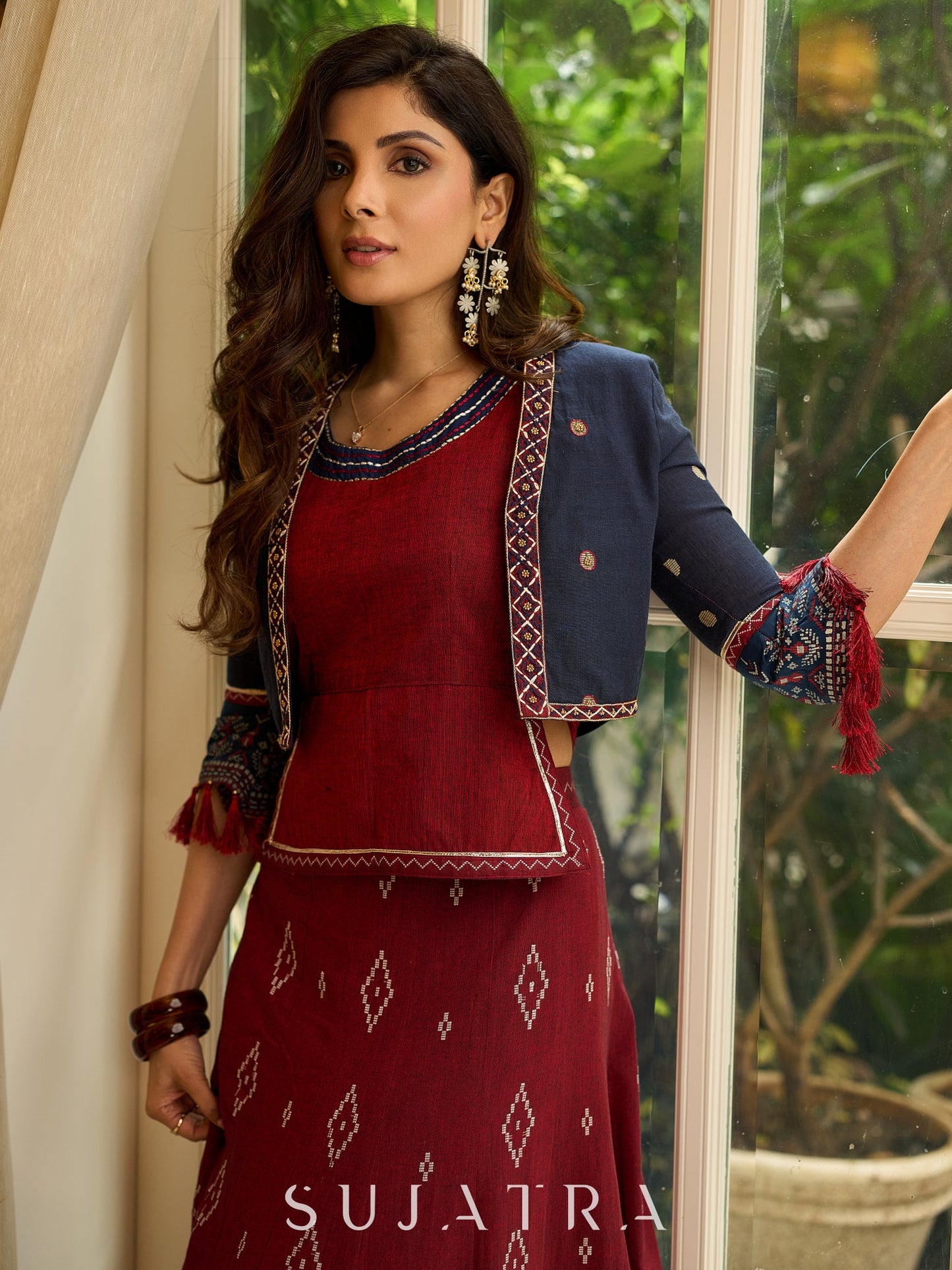 Maroon rich Jamdani Lehenga and Choli - Beautiful navy blue embroidered shrug Optional