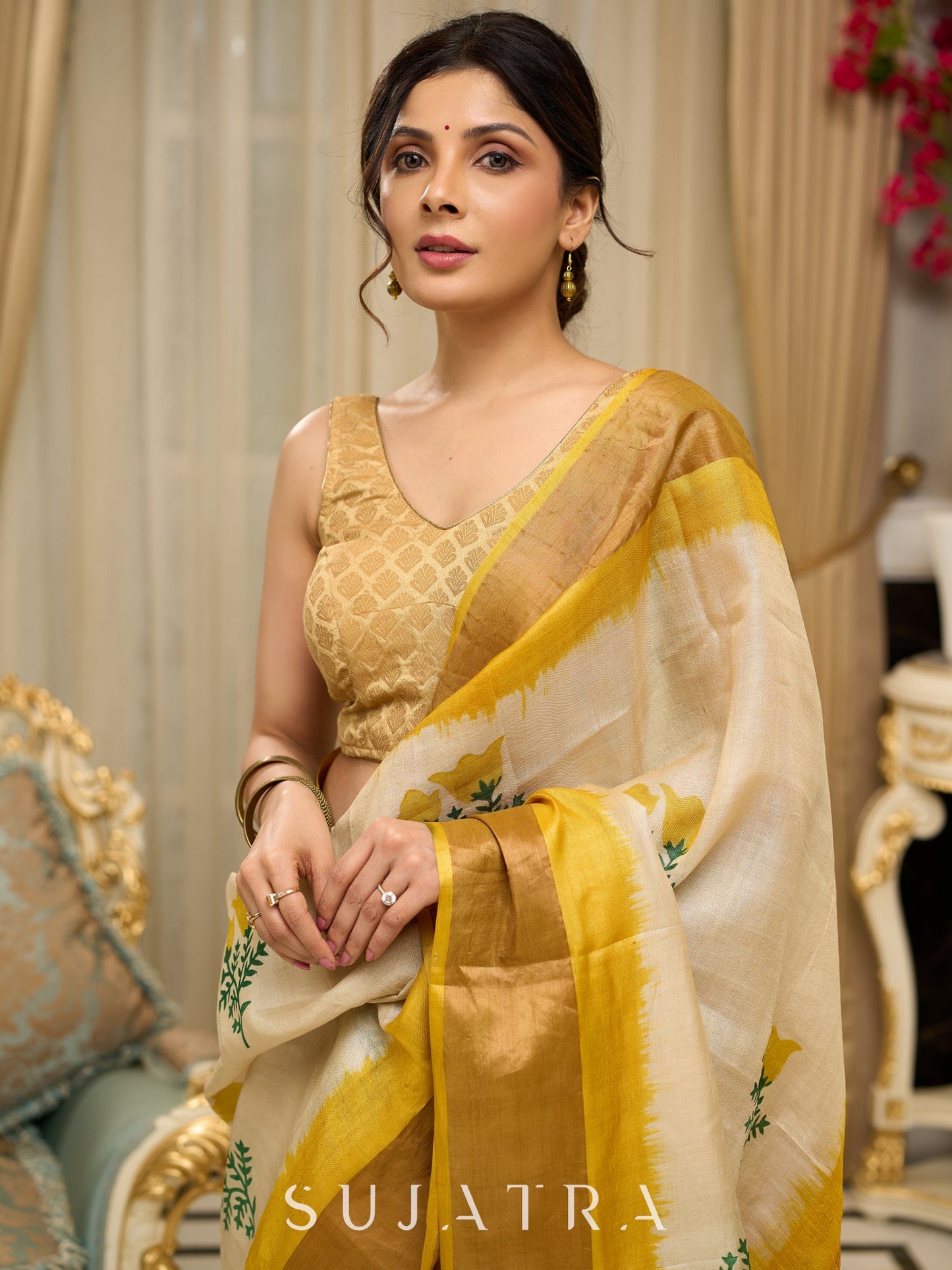 Exclusive pure tusser silk floral printed saree with mustard pallu