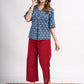 Indigo Floral Printed Summer Top with Contrasting Maroon Highlights
