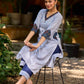 chic blue striped kurta adorned with peeking ajrakh accents on the pocket and sleeves.