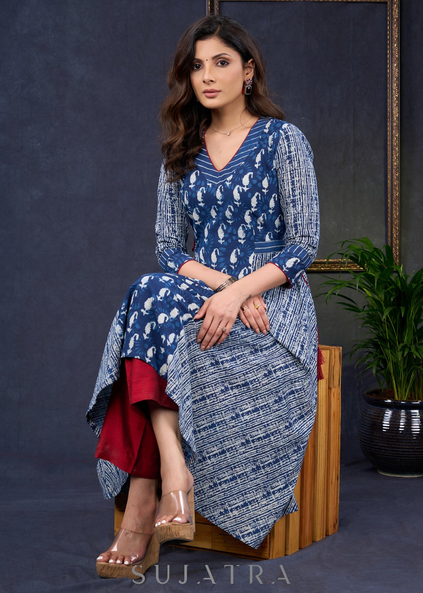 Graceful-Cotton-Indigo-Combination-A-Line-Kurta--Pant-Optional