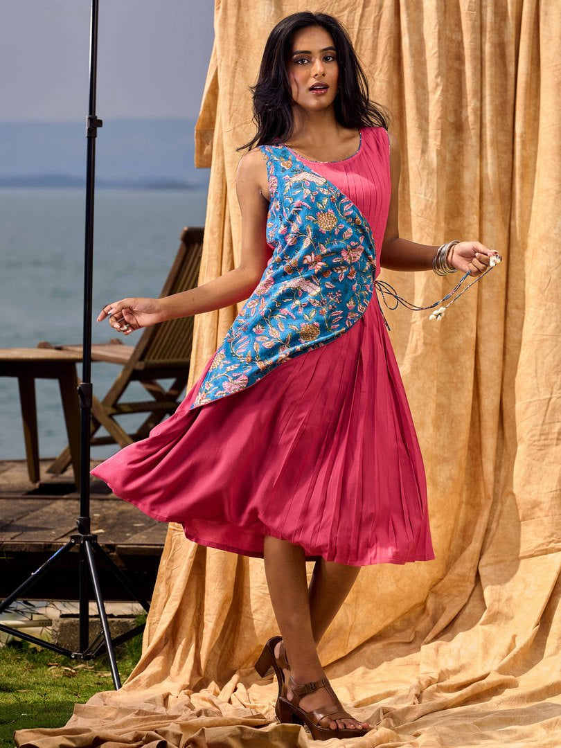 Rose Pink Pleated Wrap Dress with Embroidered Blue Panel