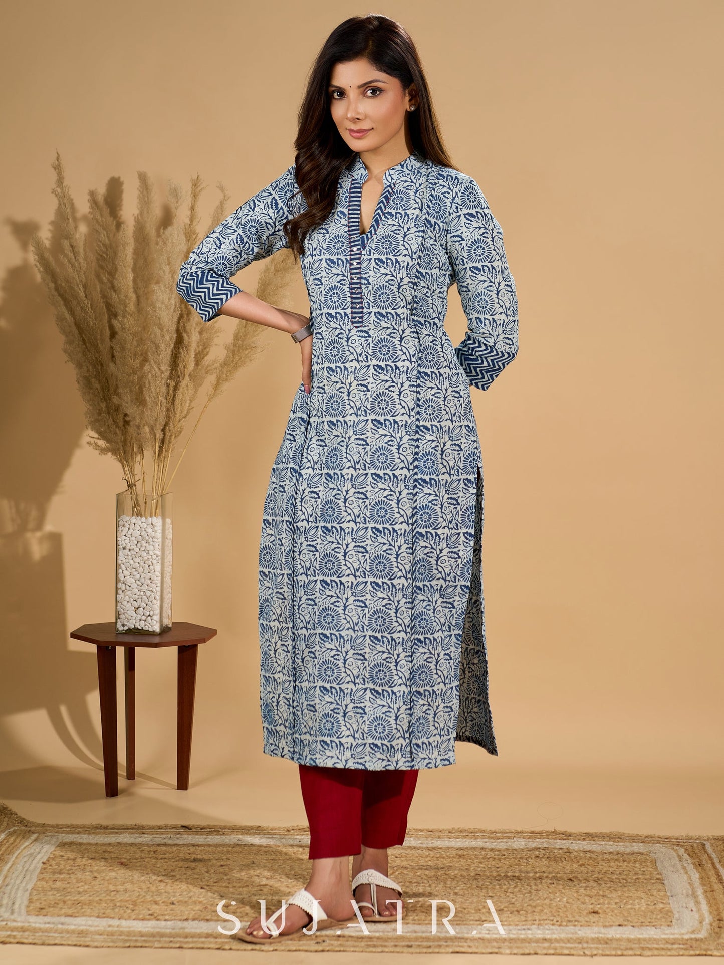 Inky Indigo Kurta with Geometric Collar & Cuffs