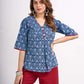 Indigo Floral Printed Summer Top with Contrasting Maroon Highlights