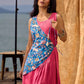 Rose Pink Pleated Wrap Dress with Embroidered Blue Panel