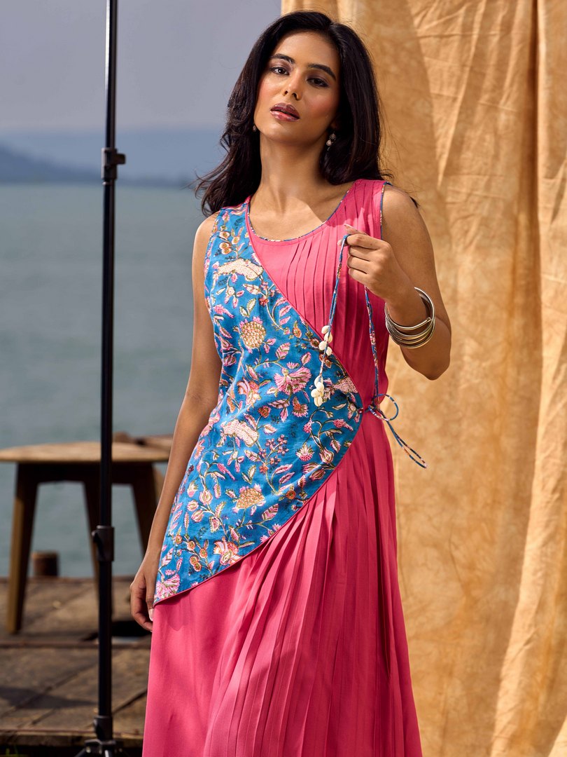 Rose Pink Pleated Wrap Dress with Embroidered Blue Panel