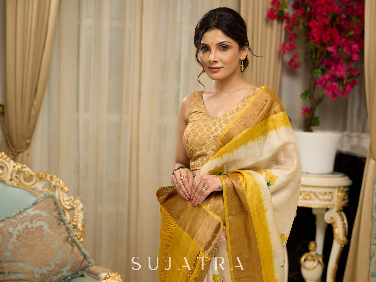 Exclusive pure tusser silk floral printed saree with mustard pallu