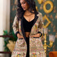 Madhubani Printed Jacket Elegantly Highlighted With Black Silk Collar, Cuffs, And Pockets