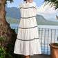 Graceful white cotton flared one piece dress highlighted with velvet lace
