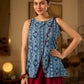 Elegant Indigo Geometric Cotton Top With An Asymmetrical Overlap Front and Maroon Highlights