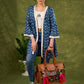 Boho Chic Indigo Blue Shrug With Vibrant Print & Whimsical Laces