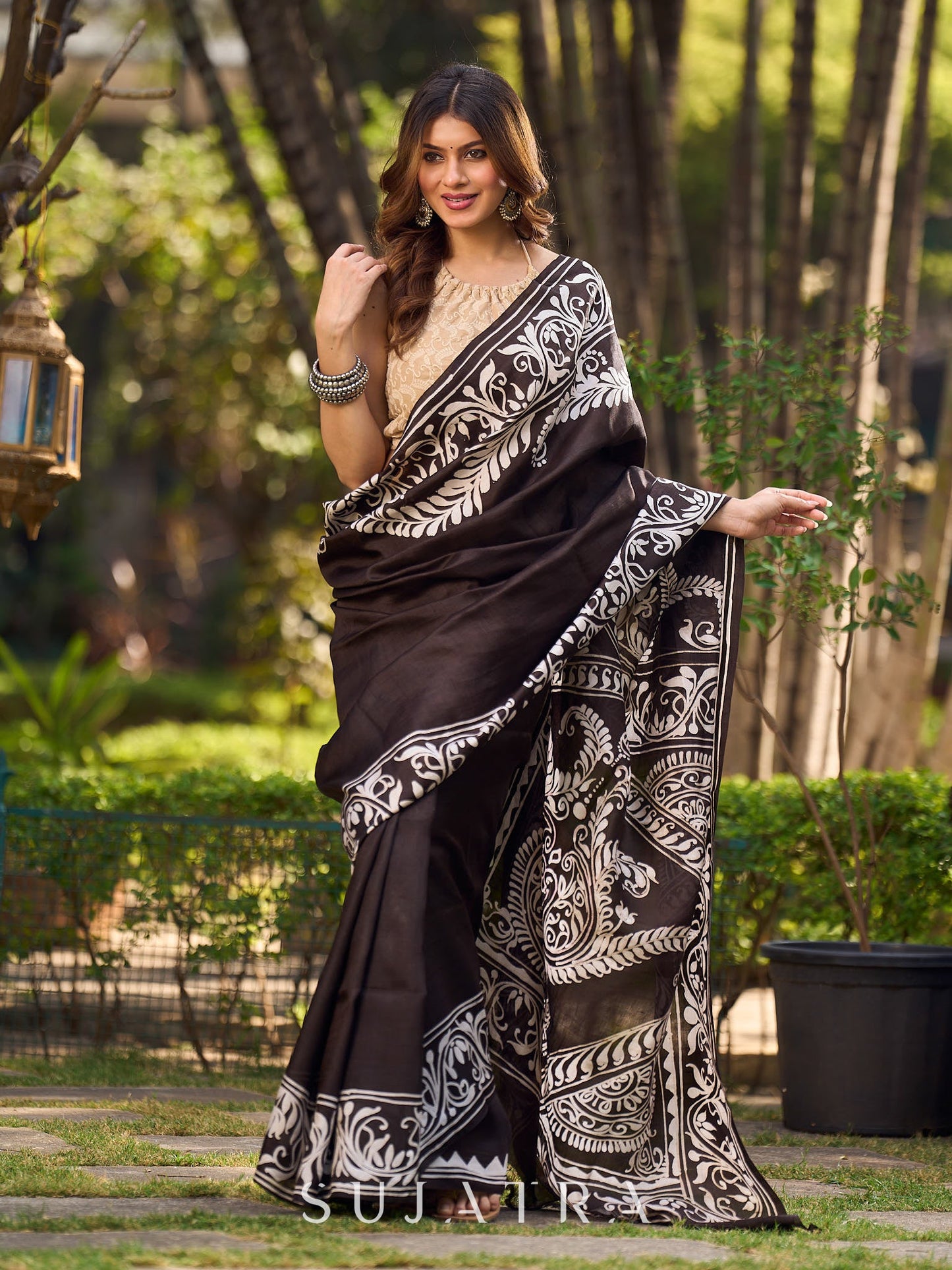 Timeless Dark Brown Pure Silk Hand Batik Saree with Bold Prints and Statement Borders