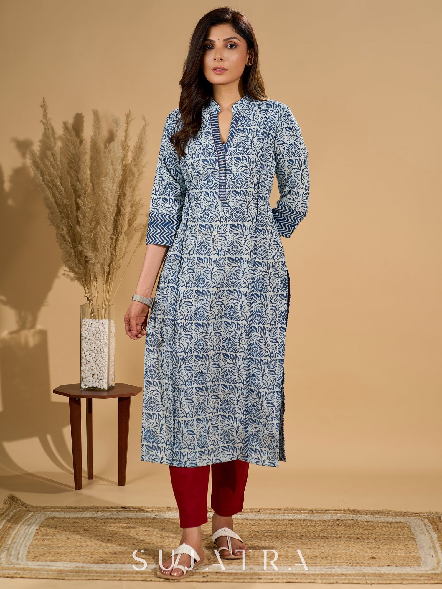 Inky Indigo Kurta with Geometric Collar & Cuffs