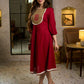Luminous Crimson Cotton Flared Dress with Contrast Hand Block Printed Beige Yoke & Elasticated Puffy Sleeves
