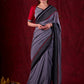 Grey Mul Cotton Saree with Checkered Border & Red Tassel Detailing
