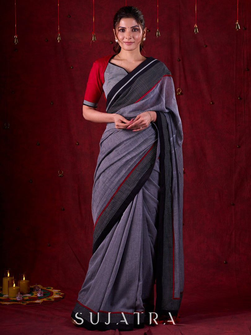 Grey Mul Cotton Saree with Checkered Border & Red Tassel Detailing