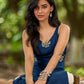 Effortless Navy Blue Rayon Sleeveless Kurta with Subtle Floral Hand Block Design