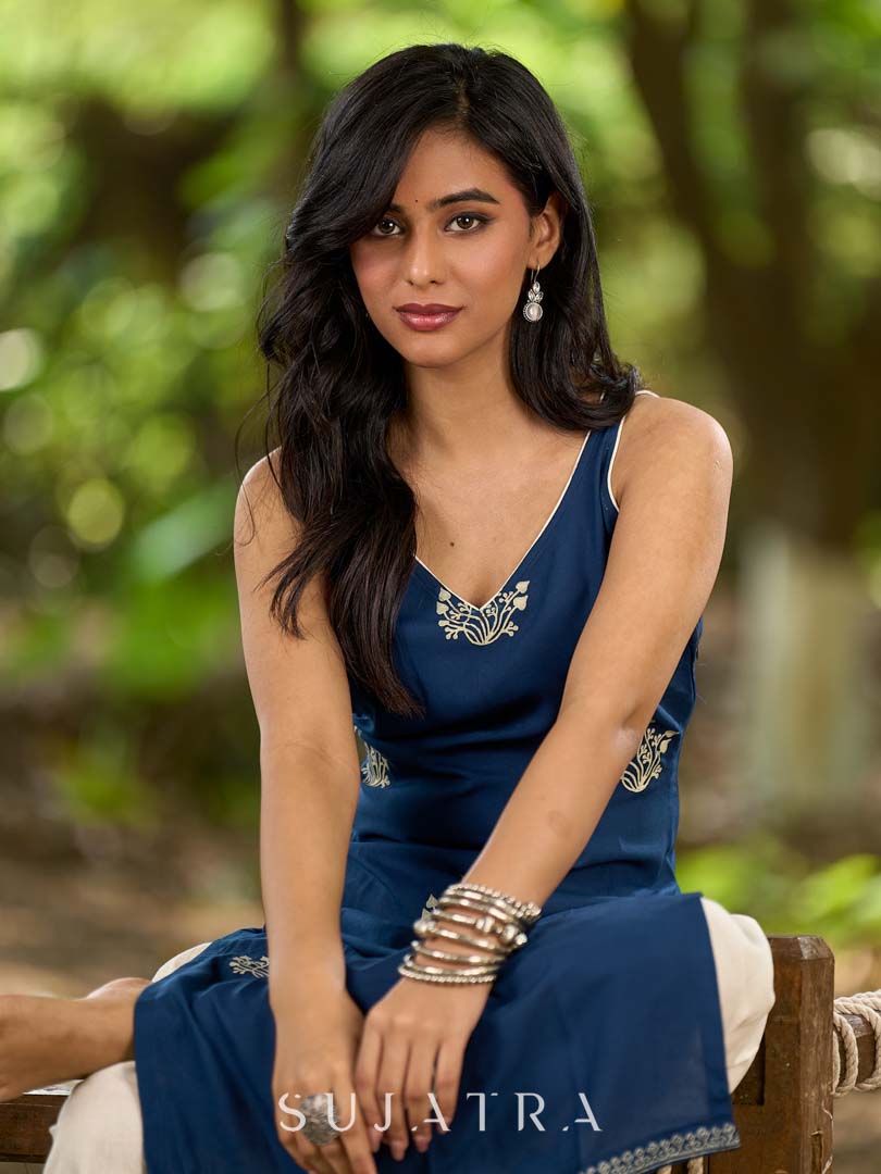 Effortless Navy Blue Rayon Sleeveless Kurta with Subtle Floral Hand Block Design