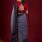 Grey Mul Cotton Saree with Checkered Border & Red Tassel Detailing
