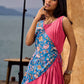 Rose Pink Pleated Wrap Dress with Embroidered Blue Panel