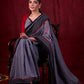 Grey Mul Cotton Saree with Checkered Border & Red Tassel Detailing