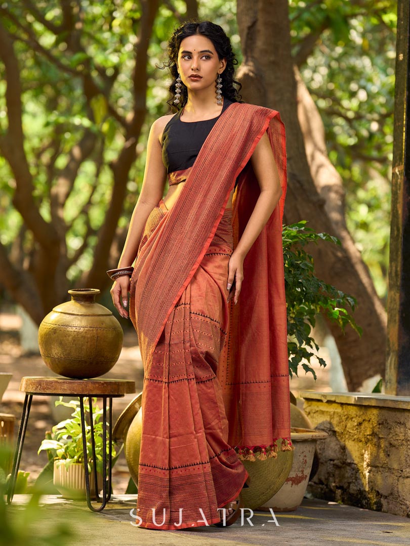 Contemporary Rust Cotton Saree with Traditional Hand Block Print Borders
