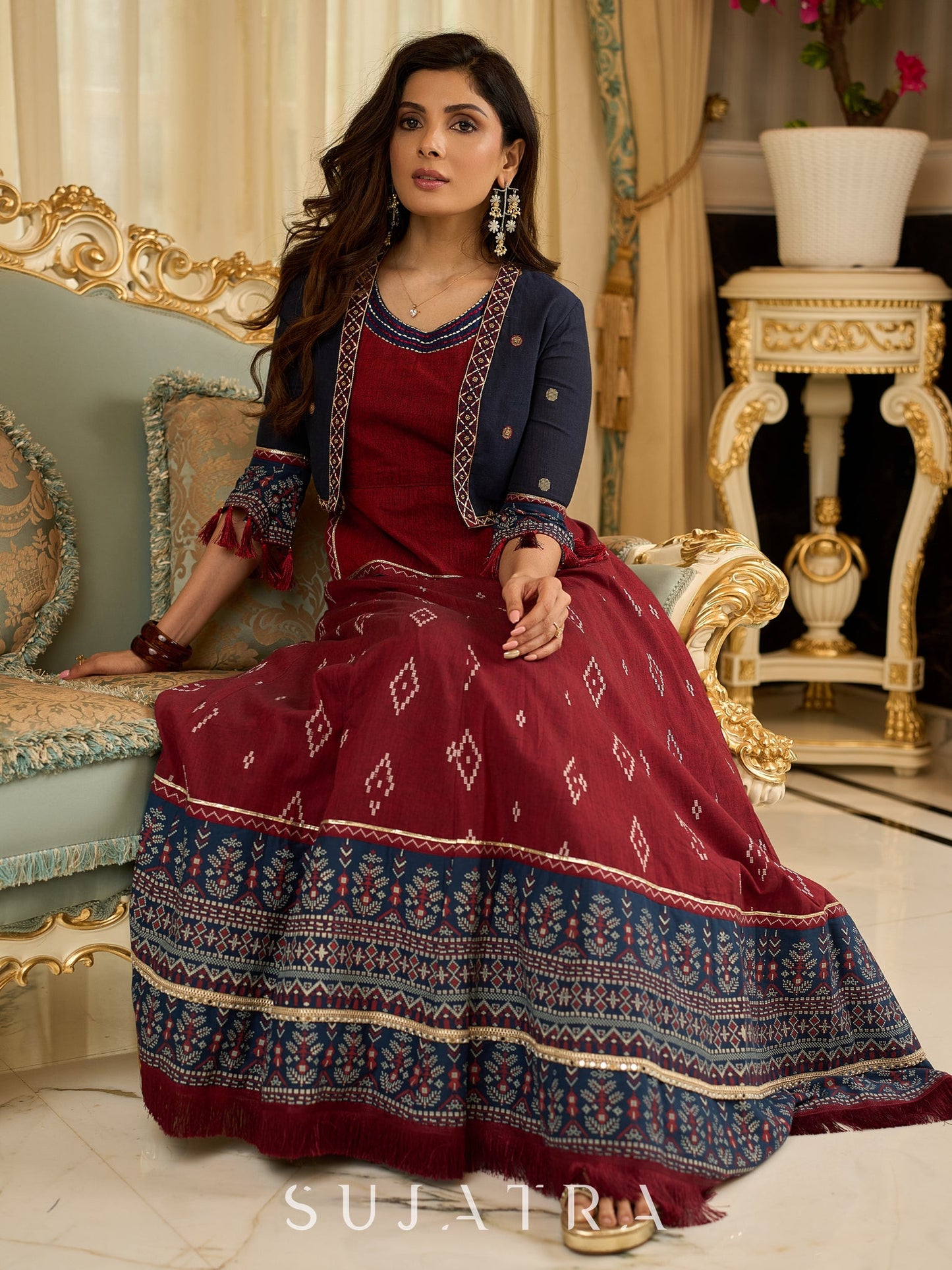 Maroon rich Jamdani Lehenga and Choli - Beautiful navy blue embroidered shrug Optional