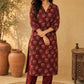 Maroon Ajrakh Cotton Kurta with Floral Print & Black Accents