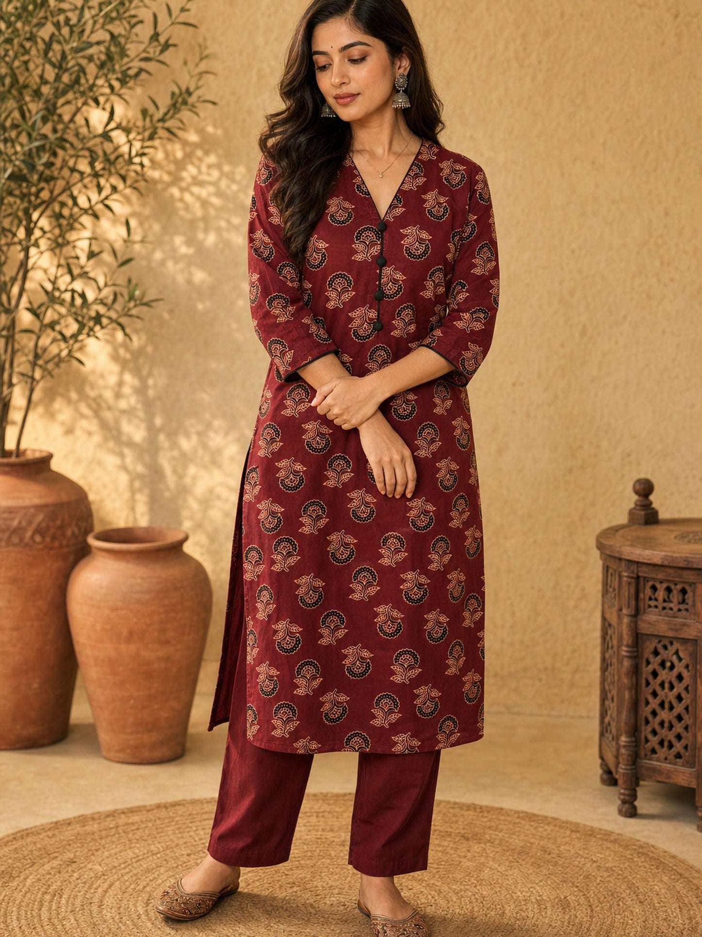 Maroon Ajrakh Cotton Kurta with Floral Print & Black Accents