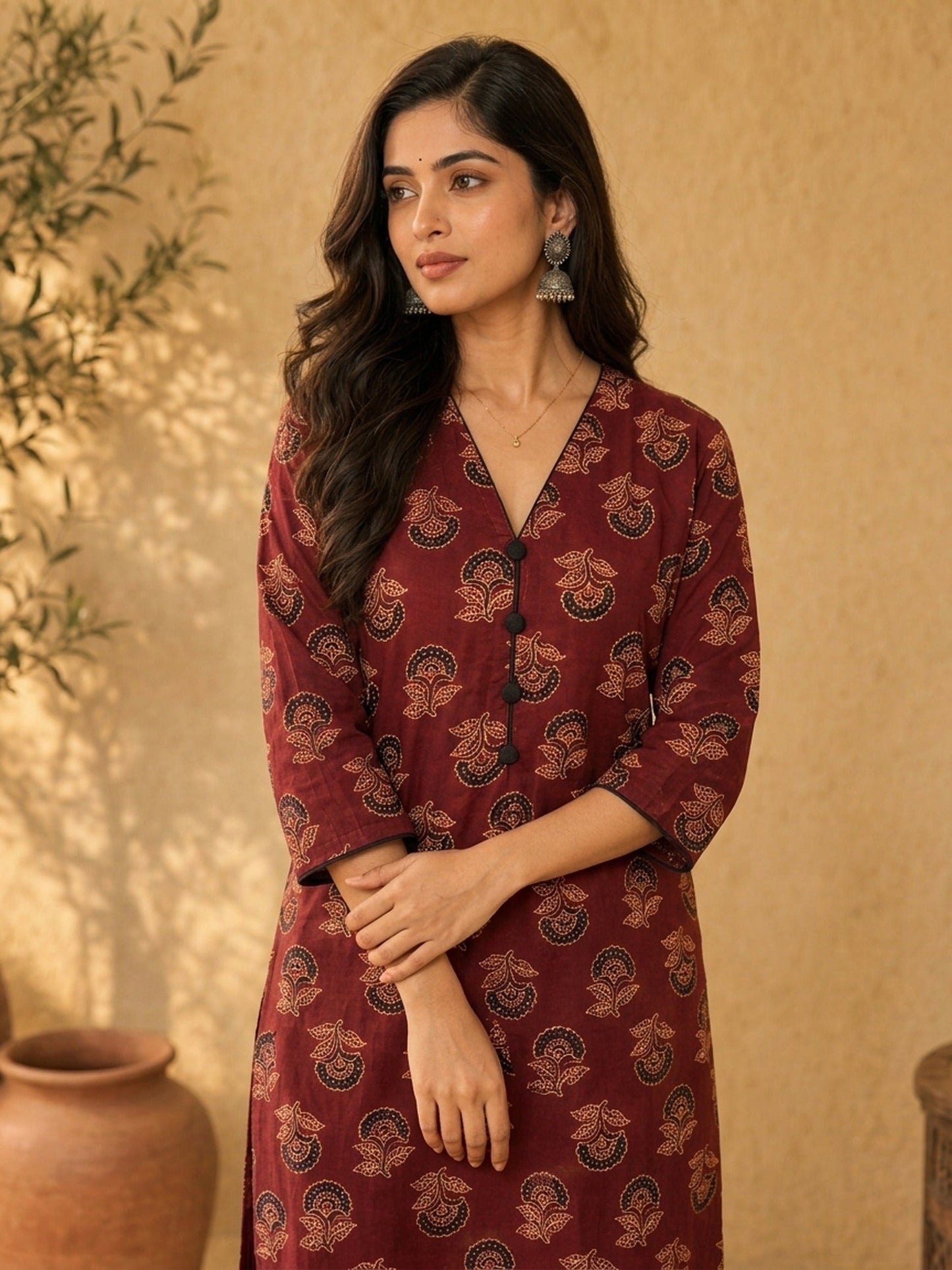 Maroon Ajrakh Cotton Kurta with Floral Print & Black Accents