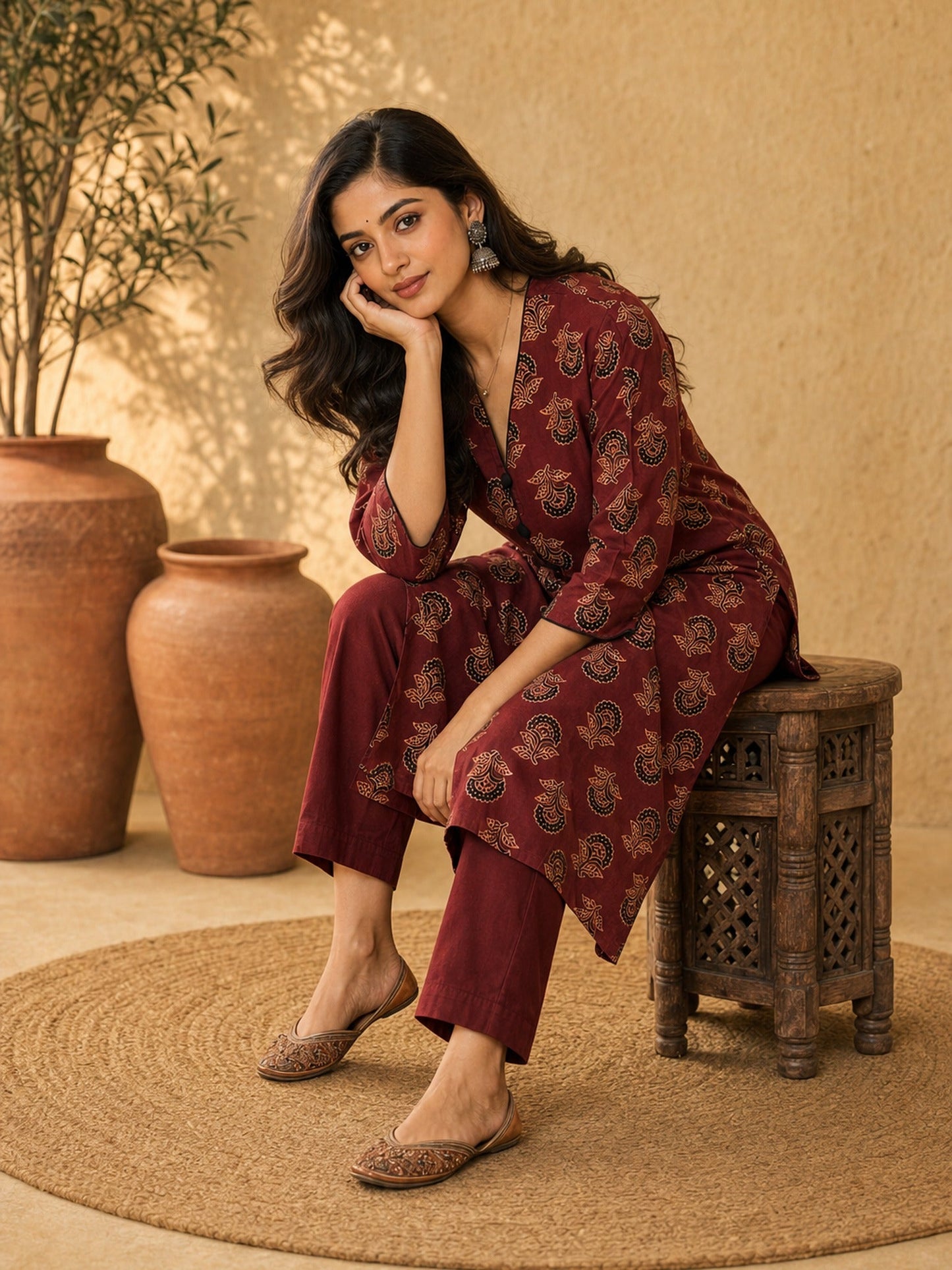 Maroon Ajrakh Cotton Kurta with Floral Print & Black Accents
