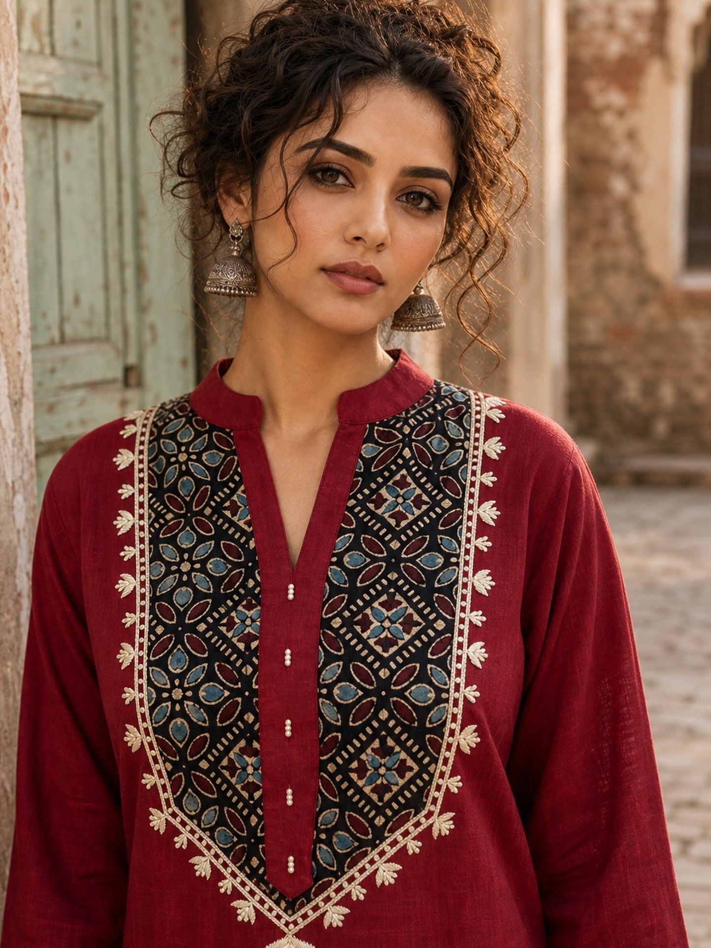 Luxe Maroon Cotton Kurta with Ajrakh Printed Yoke Panel & Delicate Embroidery