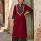 Luxe Maroon Cotton Kurta with Ajrakh Printed Yoke Panel & Delicate Embroidery