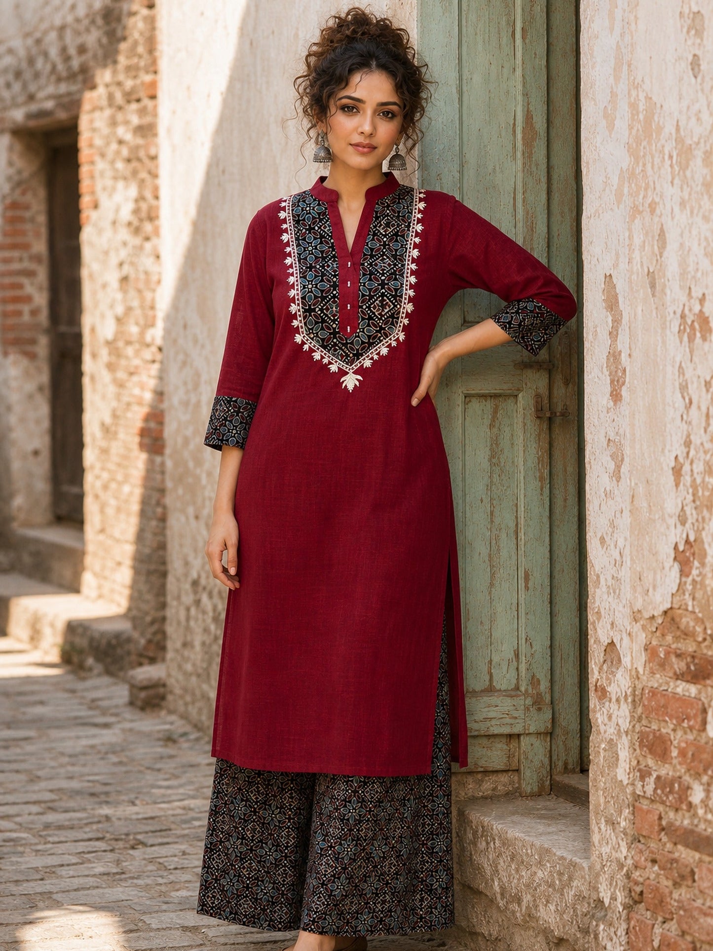 Luxe Maroon Cotton Kurta with Ajrakh Printed Yoke Panel & Delicate Embroidery