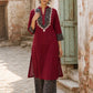 Luxe Maroon Cotton Kurta with Ajrakh Printed Yoke Panel & Delicate Embroidery