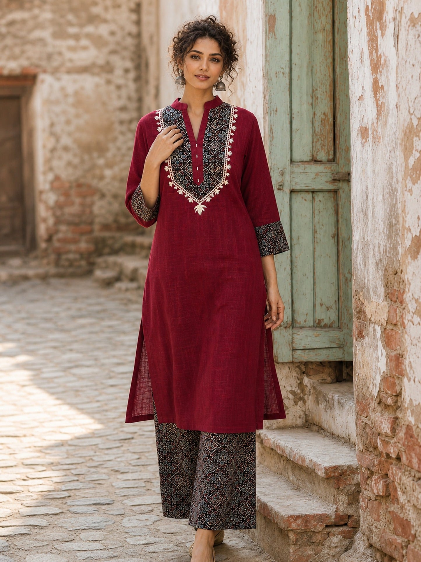 Luxe Maroon Cotton Kurta with Ajrakh Printed Yoke Panel & Delicate Embroidery