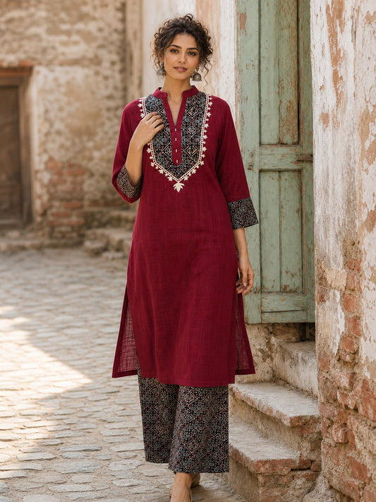 Luxe Maroon Cotton Kurta with Ajrakh Printed Yoke Panel & Delicate Embroidery