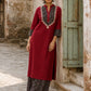 Luxe Maroon Cotton Kurta with Ajrakh Printed Yoke Panel & Delicate Embroidery